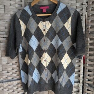 100% 2 Ply Cashmere Argyle Button Up Cardigan Sweater Grey Blue Short Sleeve